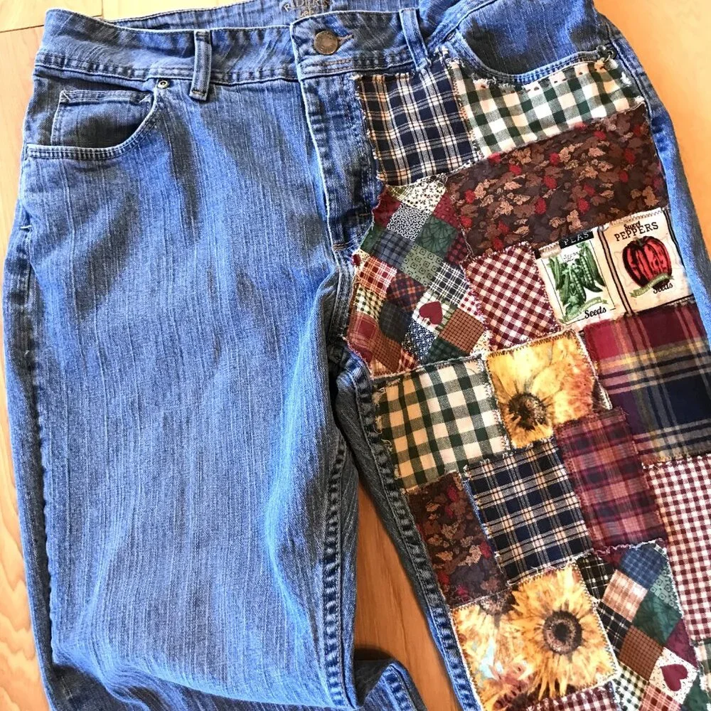 Upcycled Patchwork Jeans, Spring Garden Sunflower Plaid Patches Reworked Sz 16P
